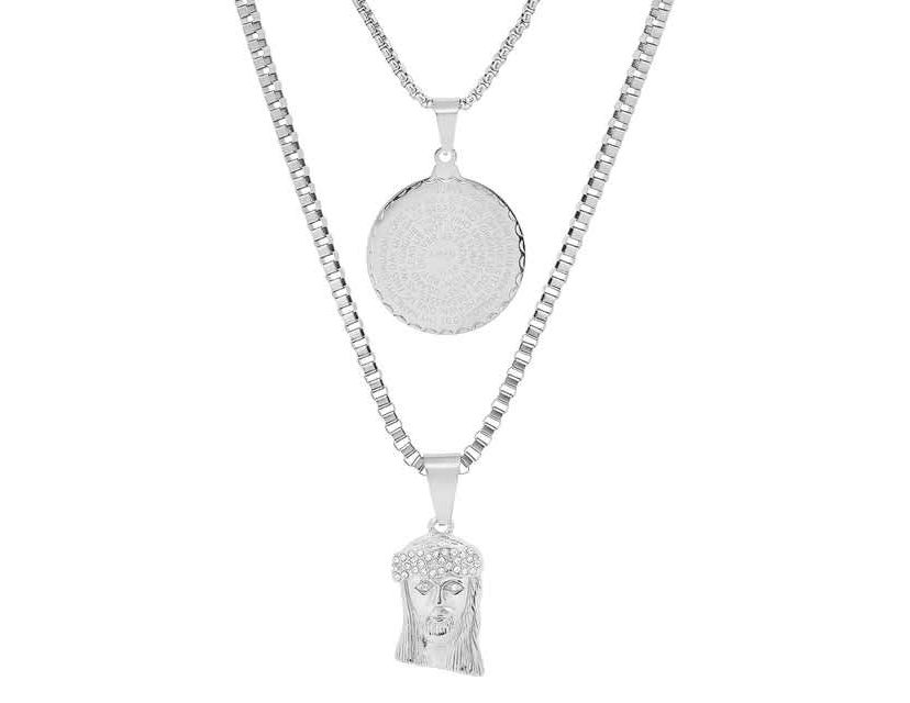 Mens 18k gold plated stainless steel double layered round and box chain with Lords prayer round and Jesus face with simulated diamonds pendants