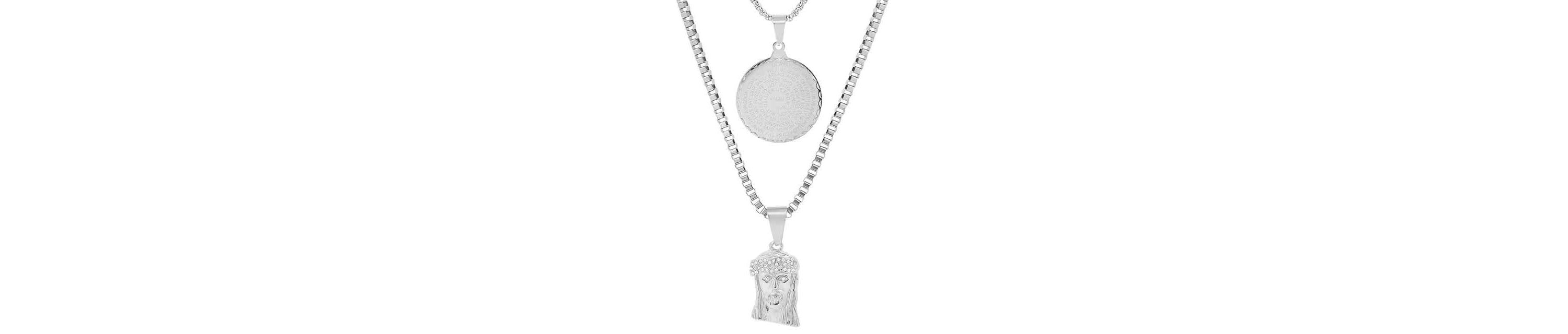 Mens 18k gold plated stainless steel double layered round and box chain with Lords prayer round and Jesus face with simulated diamonds pendants