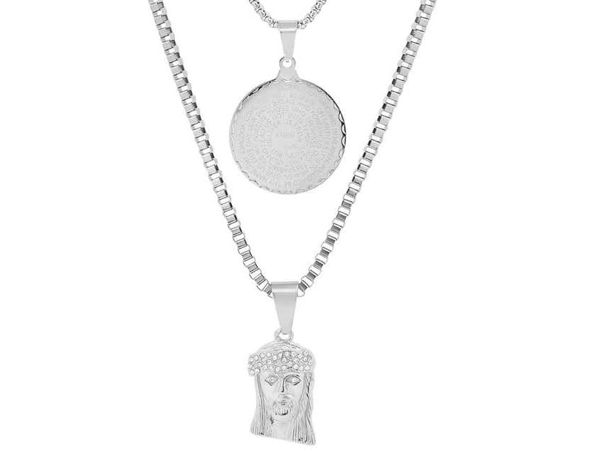 Mens 18k gold plated stainless steel double layered round and box chain with Lords prayer round and Jesus face with simulated diamonds pendants