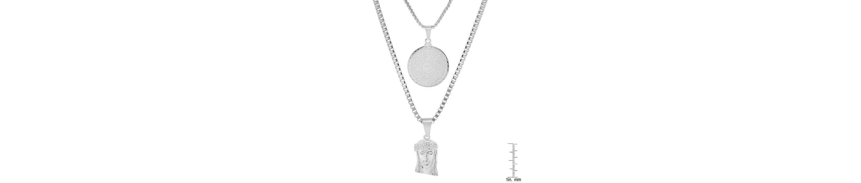Mens 18k gold plated stainless steel double layered round and box chain with Lords prayer round and Jesus face with simulated diamonds pendants