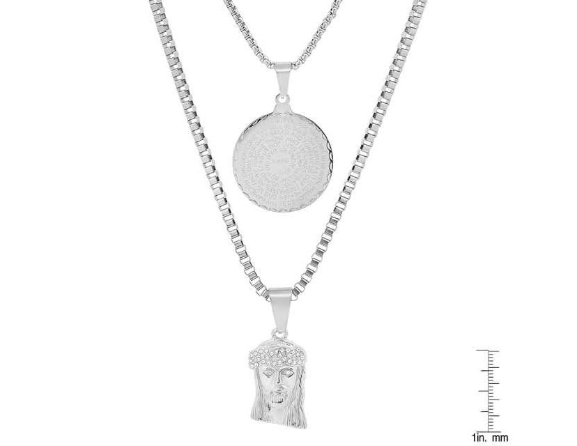 Mens 18k gold plated stainless steel double layered round and box chain with Lords prayer round and Jesus face with simulated diamonds pendants