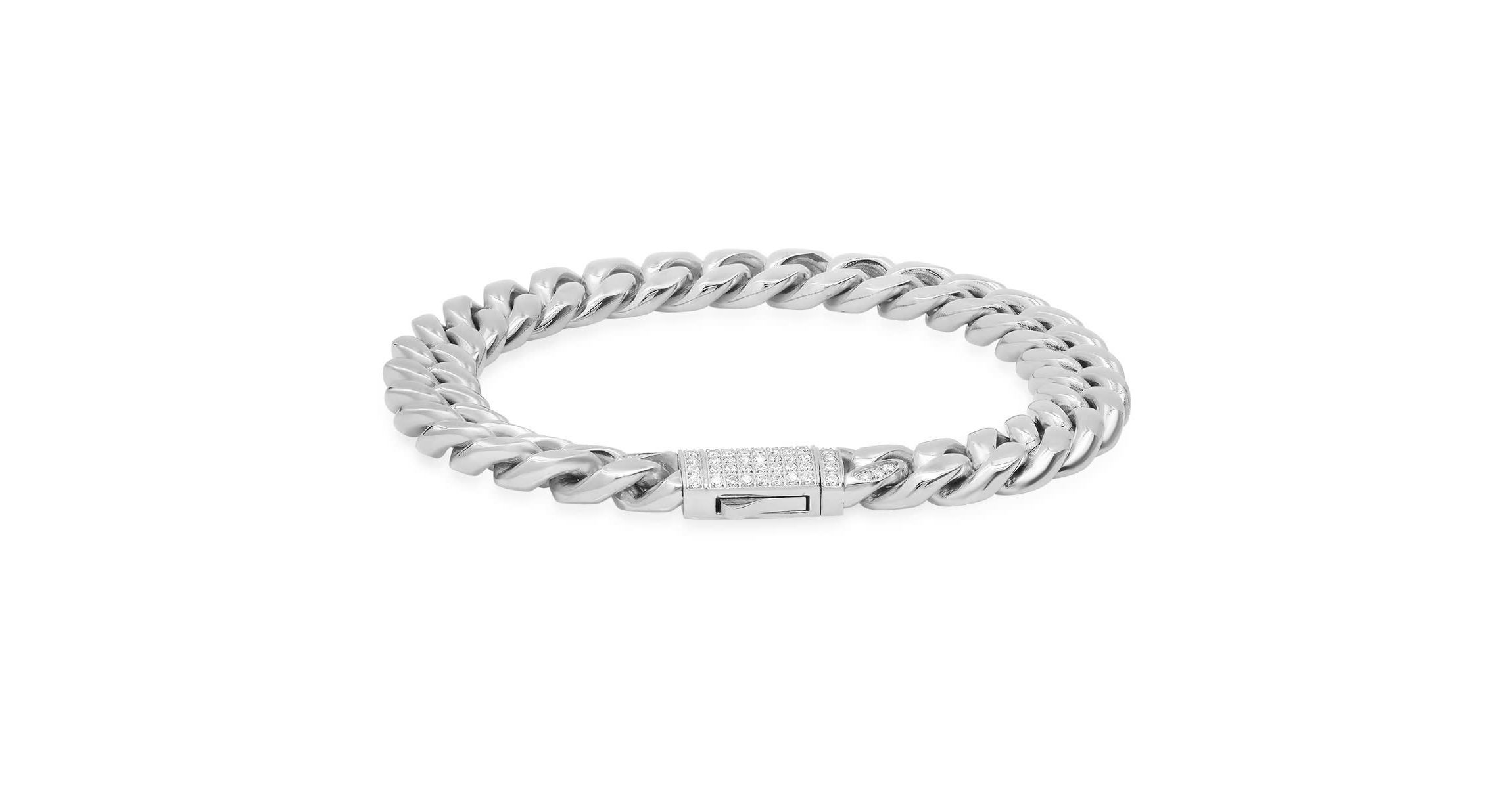 Mens stainless steel thick cuban link chain bracelet with simulated diamonds clasp