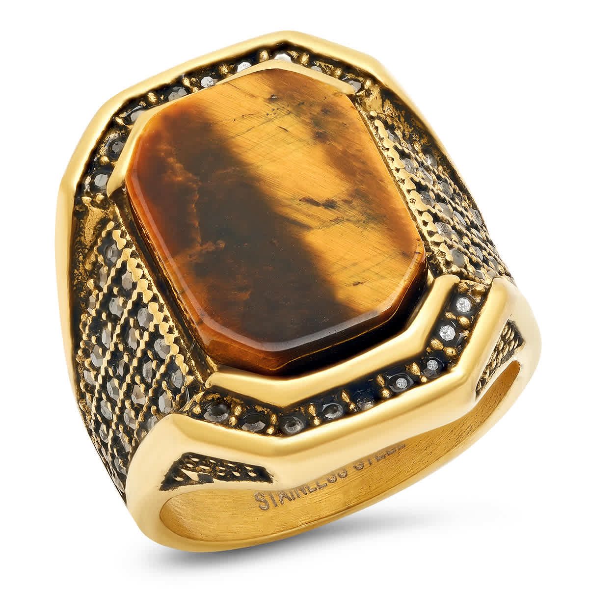 Mens 18k gold plated stainless steel tiger eye and black simulated diamond ring