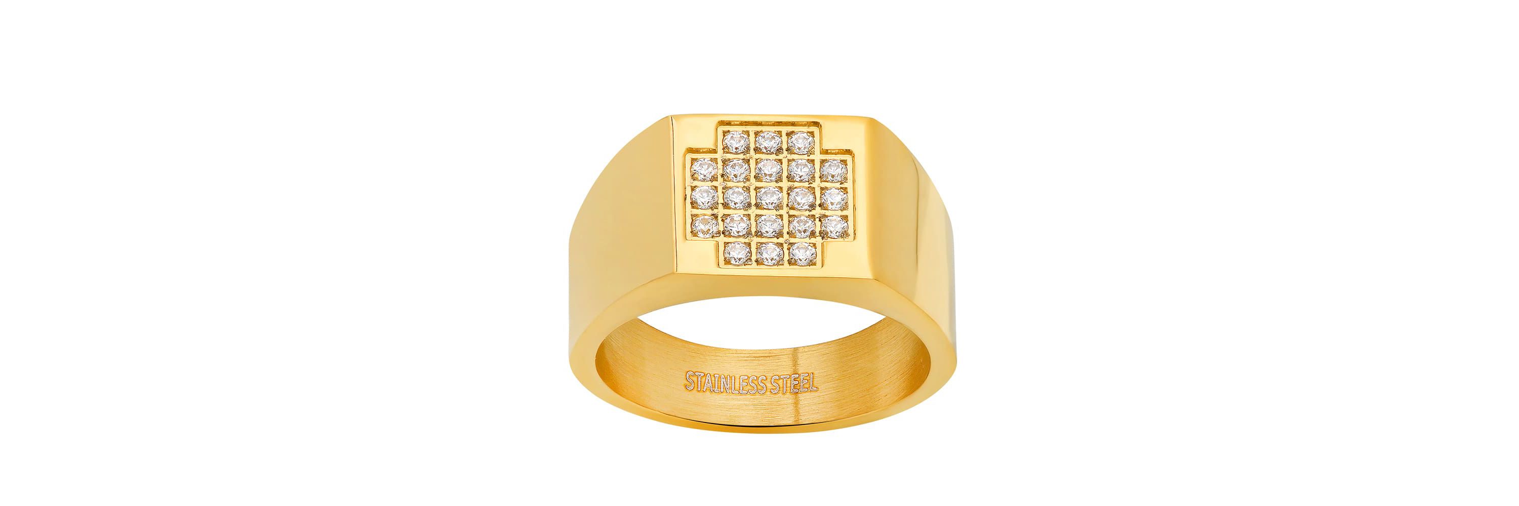 Mens 18k gold plated stainless steel and simulated diamonds rectangle ring