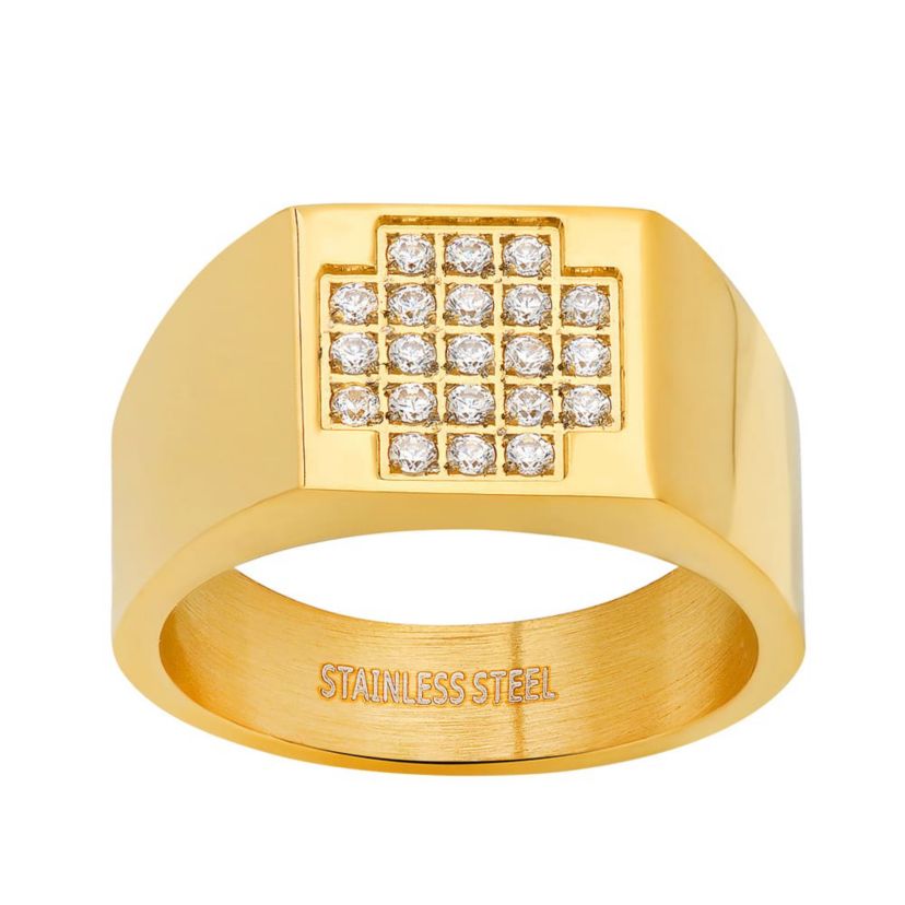 Mens 18k gold plated stainless steel and simulated diamonds rectangle ring