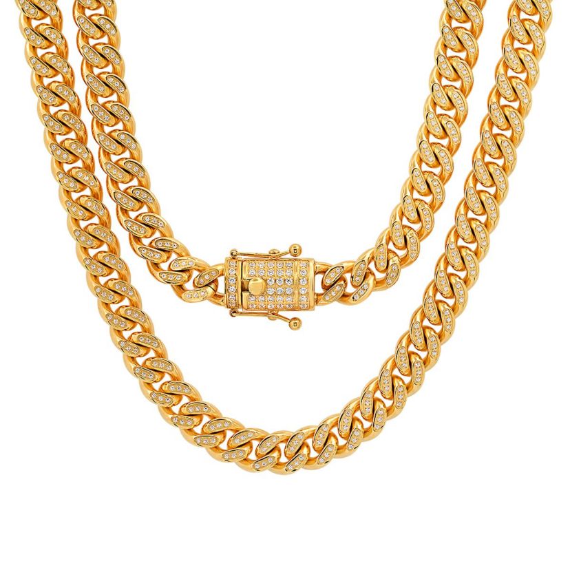 Mens stainless steel and simulated diamonds cuban link necklace