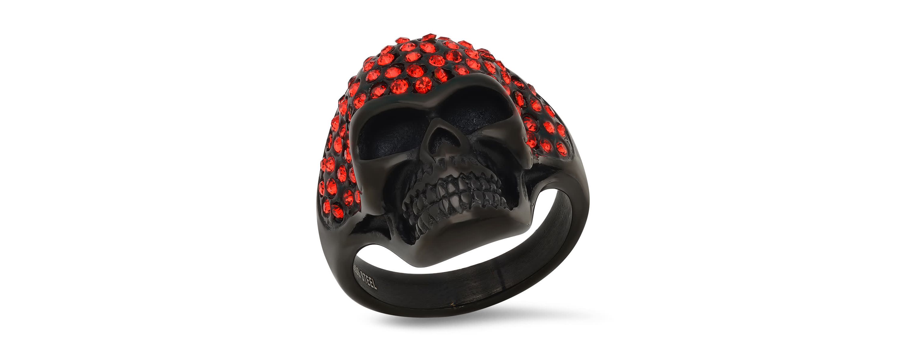 Mens black ip stainless steel and red simulated diamonds skull ring