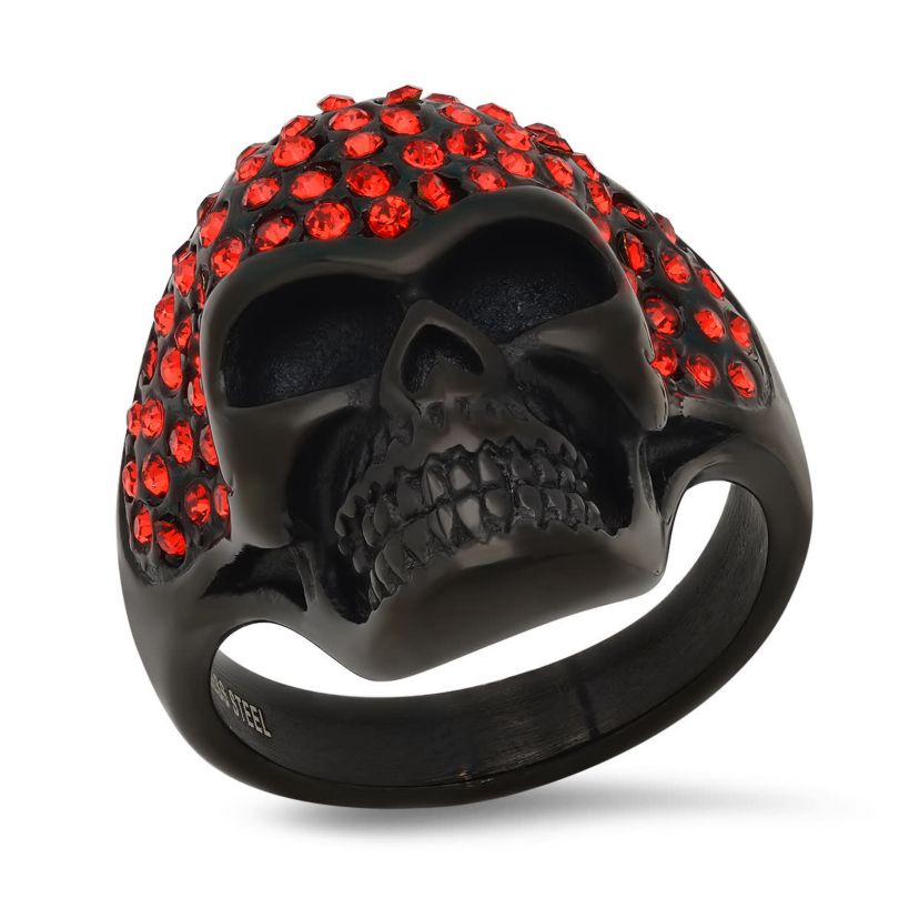 Mens black ip stainless steel and red simulated diamonds skull ring