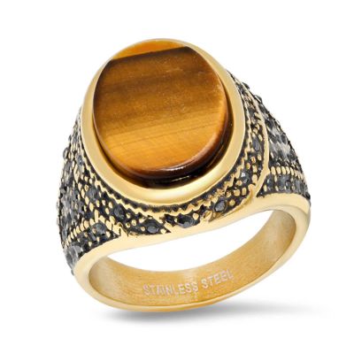 STEELTIME Lab Created Men's 18k gold plated stainless steel oval tiger eye ring with black simulated diamonds
