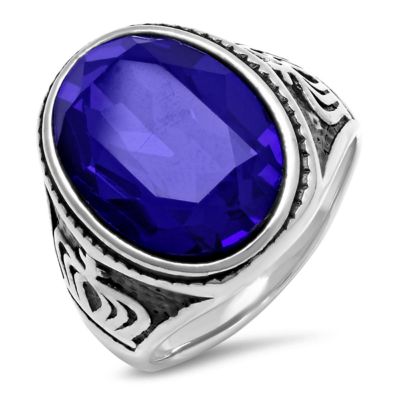 STEELTIME Men's stainless steel and blue cubic zirconia statement ring with crown accents