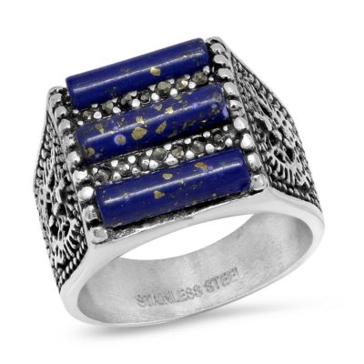 STEELTIME Lab Created Men's 18k gold plated stainless steel black simulated diamond and tiger eye lined ring, Silver, 9