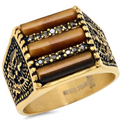 STEELTIME Lab Created Men's 18k gold plated stainless steel black simulated diamond and tiger eye lined ring