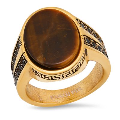 STEELTIME Lab Created Men's 18k gold plated stainless steel, tiger eye center stone and simulated black diamonds side stones ring with greek key