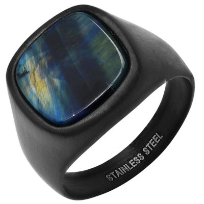 STEELTIME Men's black ip stainless steel and blue tiger eye ring