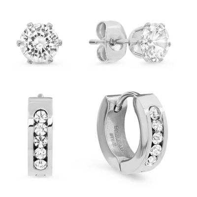 STEELTIME Lab Created Men's blue ip stainless steel simulated black diamond huggies and studs earrings set, Silver