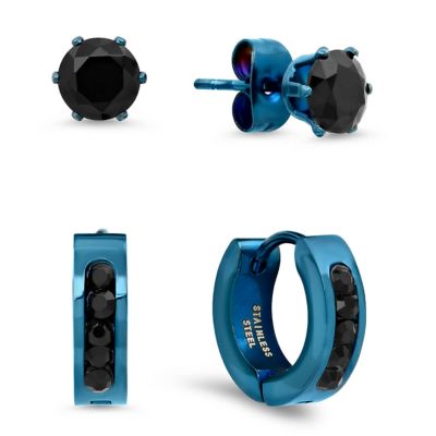 STEELTIME Lab Created Men's blue ip stainless steel simulated black diamond huggies and studs earrings set