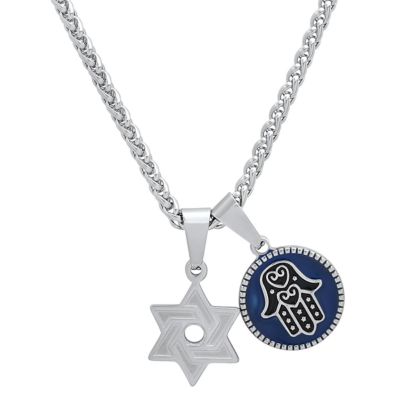STEELTIME Men's stainless steel Star of David and Navy Blue/Black enamel hamsa round pendants, Silver