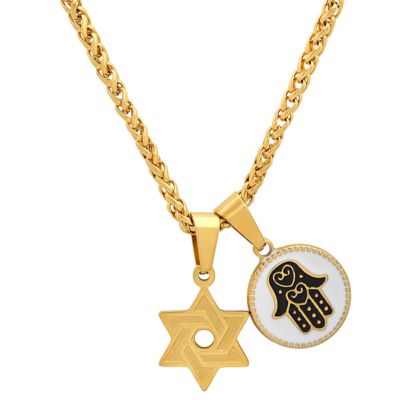 STEELTIME Men's stainless steel Star of David and Navy Blue/Black enamel hamsa round pendants, Gold