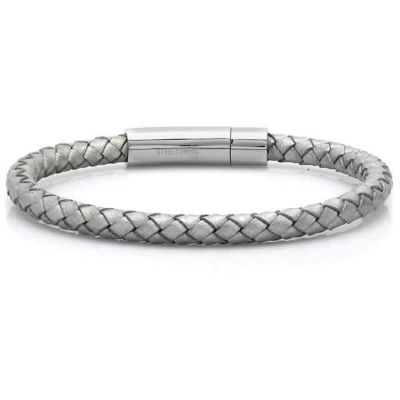 STEELTIME Men's genuine leather 8.5" braided bracelet in gray push n pull closure