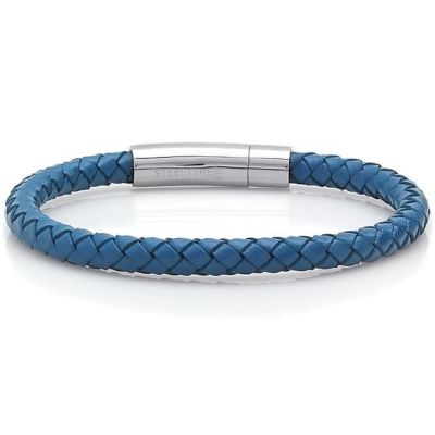 STEELTIME Men's genuine leather 8.5" braided bracelet in gray push n pull closure