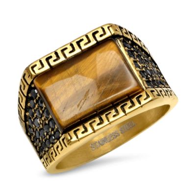 STEELTIME Lab Created Men's 18k gold plated stainless steel and tiger eye statement ring with black simulated diamond and greek key