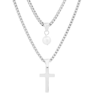 STEELTIME Men's stainless steel double row box chain with freshwater pearl and cross pendants