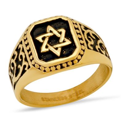 STEELTIME Men's two tone 18k gold plated stainless steel and black ip Star of David square ring, 12