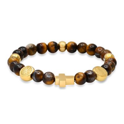 STEELTIME Men's genuine tiger eye beaded bracelet and 18k gold plated stainless steel St. Benedict and cross charms