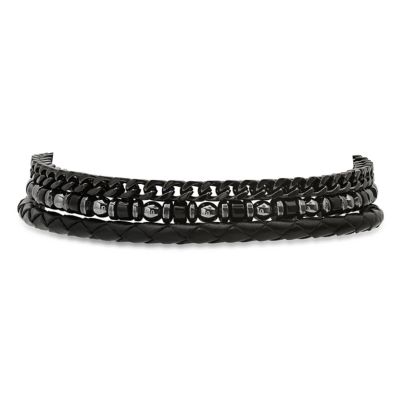 STEELTIME Men's black braided leather, black ip stainless steel figaro chain and hematite/black beaded 3pcs bracelets set