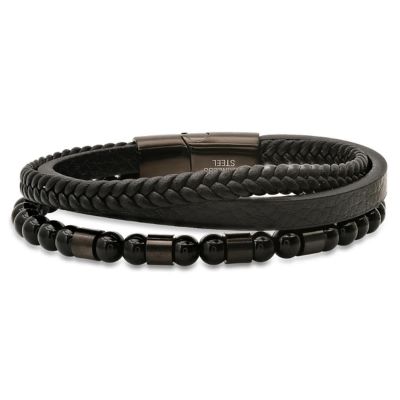 STEELTIME Men's genuine black leather, black ip stainless steel and black beads layered bracelet