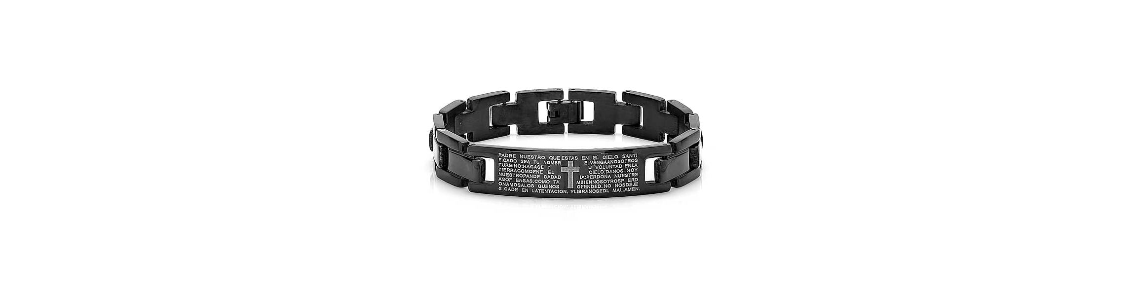 Mens black ip stainless steel padre nuestro prayer link bracelet