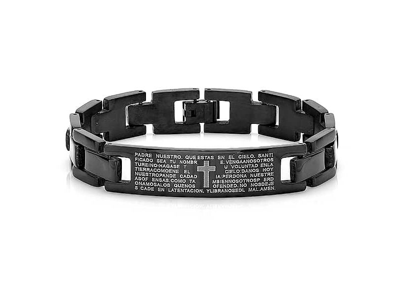 Mens black ip stainless steel padre nuestro prayer link bracelet
