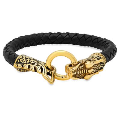 STEELTIME Men's Genuine leather bracelet with 18k gold plated stainless steel dragon design, Black