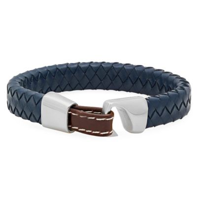 STEELTIME Men's genuine blue leather braided bracelet with stainless steel clasp, Silver
