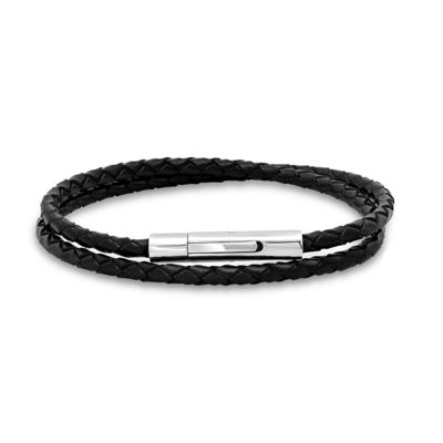STEELTIME Men's black leather braided wrap bracelet