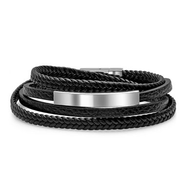 STEELTIME Men's black leather braided and smooth wrap bracelet with stainless steel ID accent