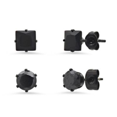 STEELTIME Men's 2pc set black ip stainless steel and princess & round cut simulated black diamonds stud earrings