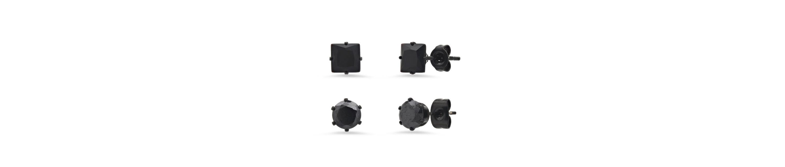 Mens 2pc set black ip stainless steel and princess & round cut simulated black diamonds stud earrings