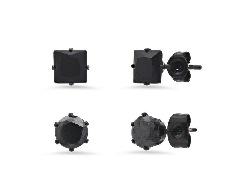 Mens 2pc set black ip stainless steel and princess & round cut simulated black diamonds stud earrings
