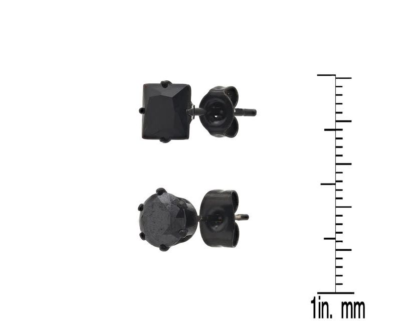 Mens 2pc set black ip stainless steel and princess & round cut simulated black diamonds stud earrings