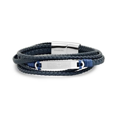 STEELTIME Men's layered navy blue leather with stainless steel Our Father prayer id bracelet