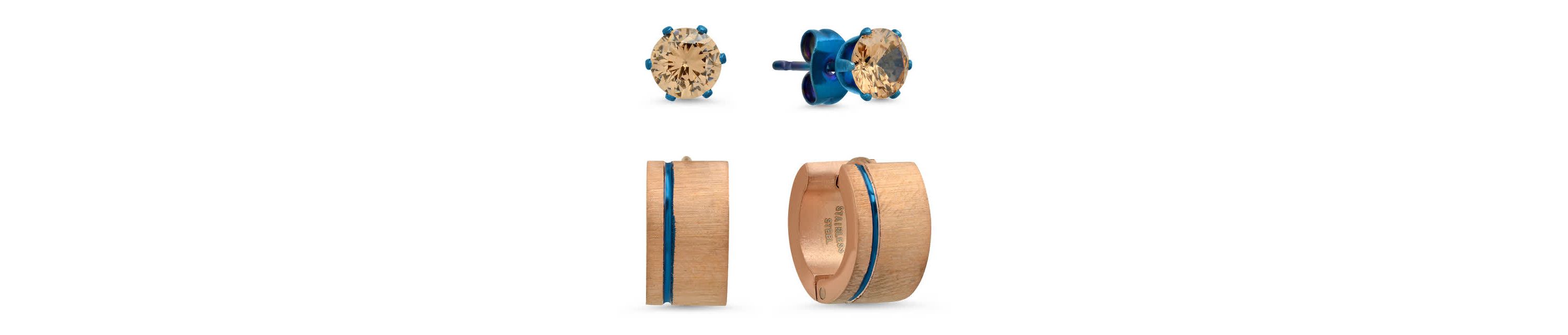 Mens two tone blue ip and 18k rose gold plated stainless steel huggies/simulated peach diamond stud earrings 2pc set