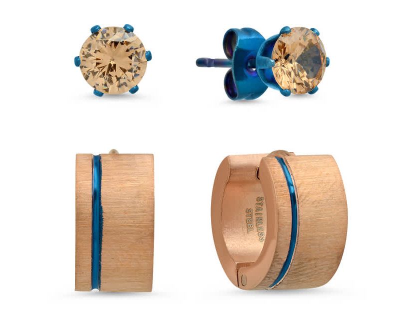 Mens two tone blue ip and 18k rose gold plated stainless steel huggies/simulated peach diamond stud earrings 2pc set