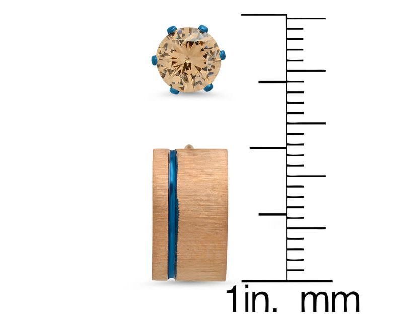 Mens two tone blue ip and 18k rose gold plated stainless steel huggies/simulated peach diamond stud earrings 2pc set