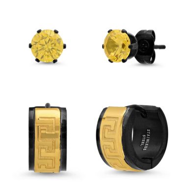 STEELTIME Lab Created Men's two tone black ip stainless steel and 18k gold plated huggies/simulated yellow diamonds stud earrings 2pc set with greek