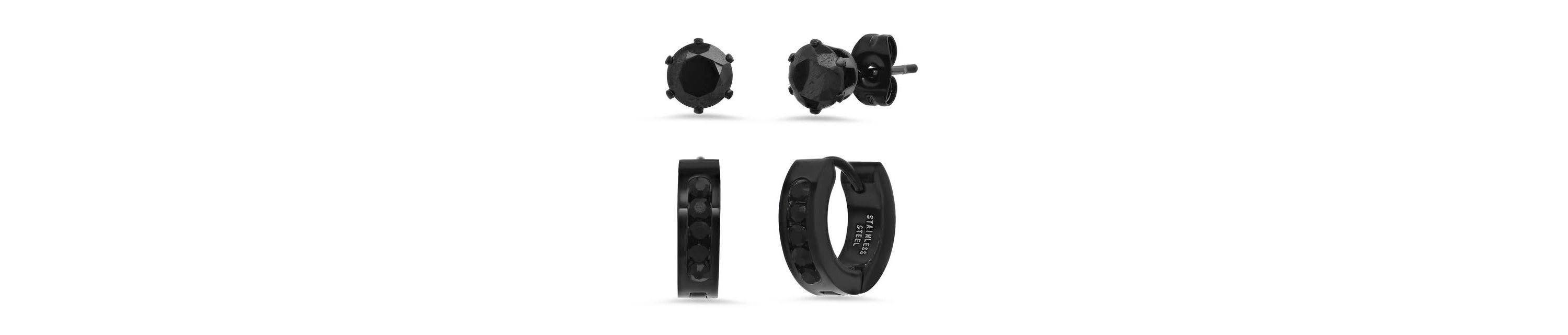 Mens black ip stainless steel and simulated diamonds stud/huggie earrings set