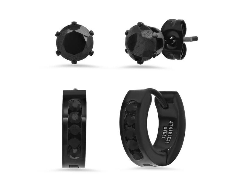 Mens black ip stainless steel and simulated diamonds stud/huggie earrings set