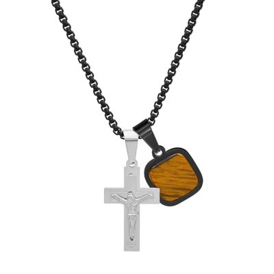STEELTIME Men's two tone black ip and stainless steel cross and tiger eye dog tag pendant
