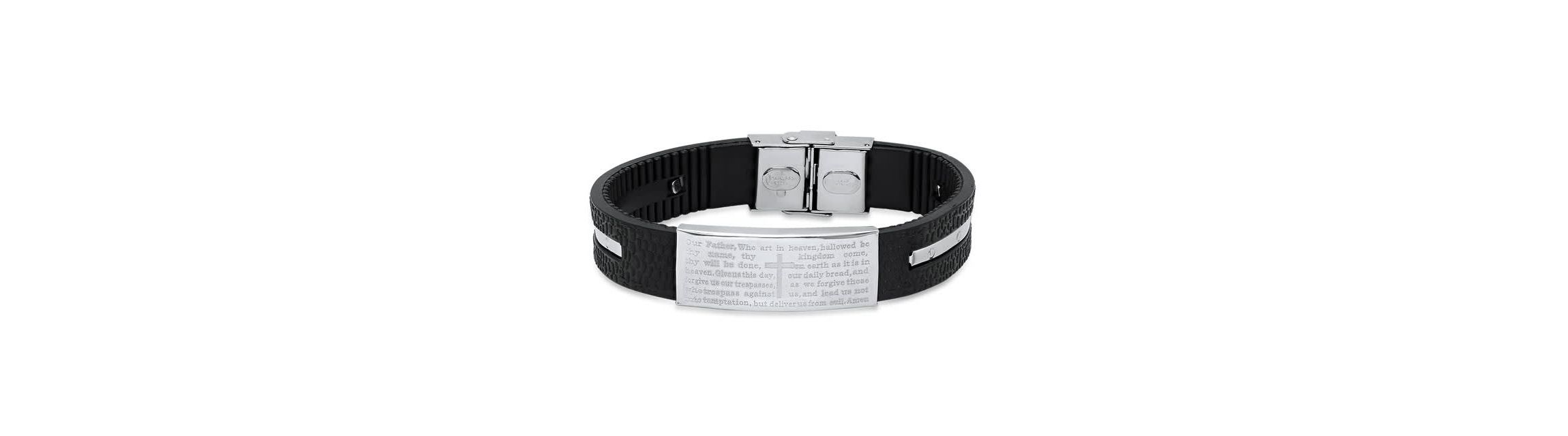 Mens black rubber and stainless steel our father prayer ridged bracelet