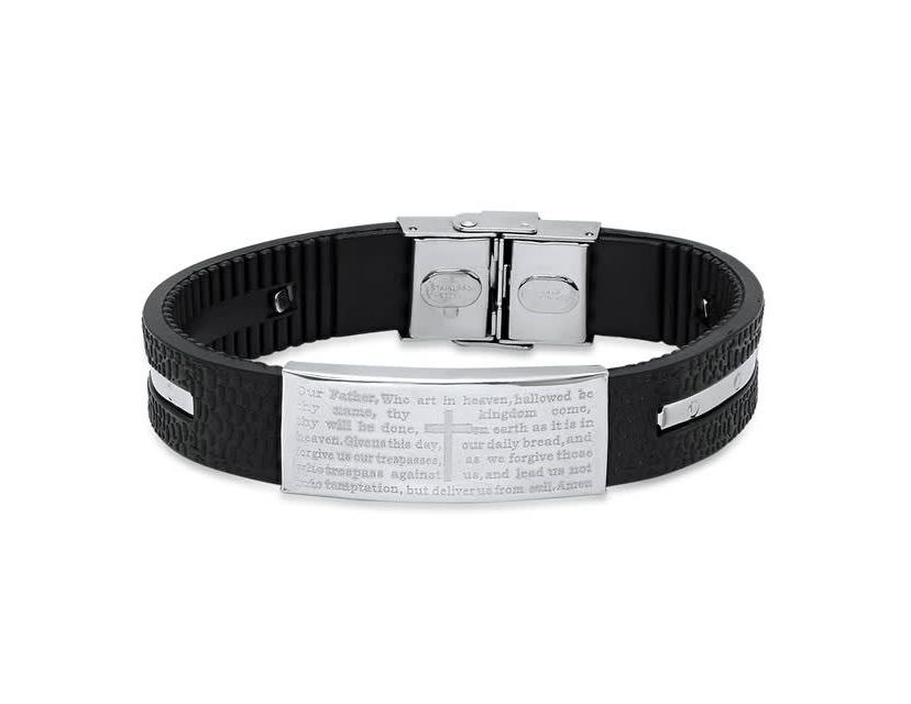 Mens black rubber and stainless steel our father prayer ridged bracelet